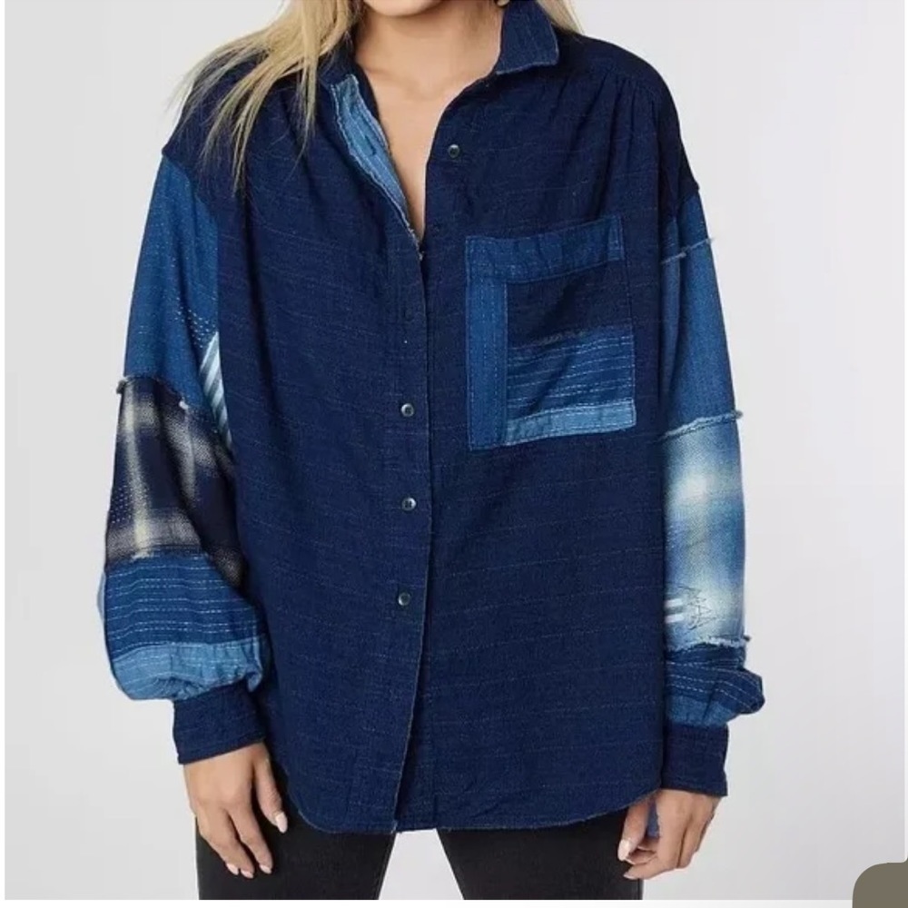 Free People Patch Denim High Low Button Down Shacket Top